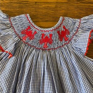 Mom&Me Blue Gingham Smocked Dress with Red Embroidered Lobsters